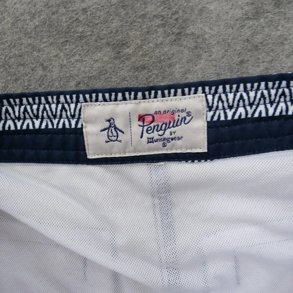 Original Penguin Shorts  Mens Medium Blue White Swim Trunks Geometric Striped